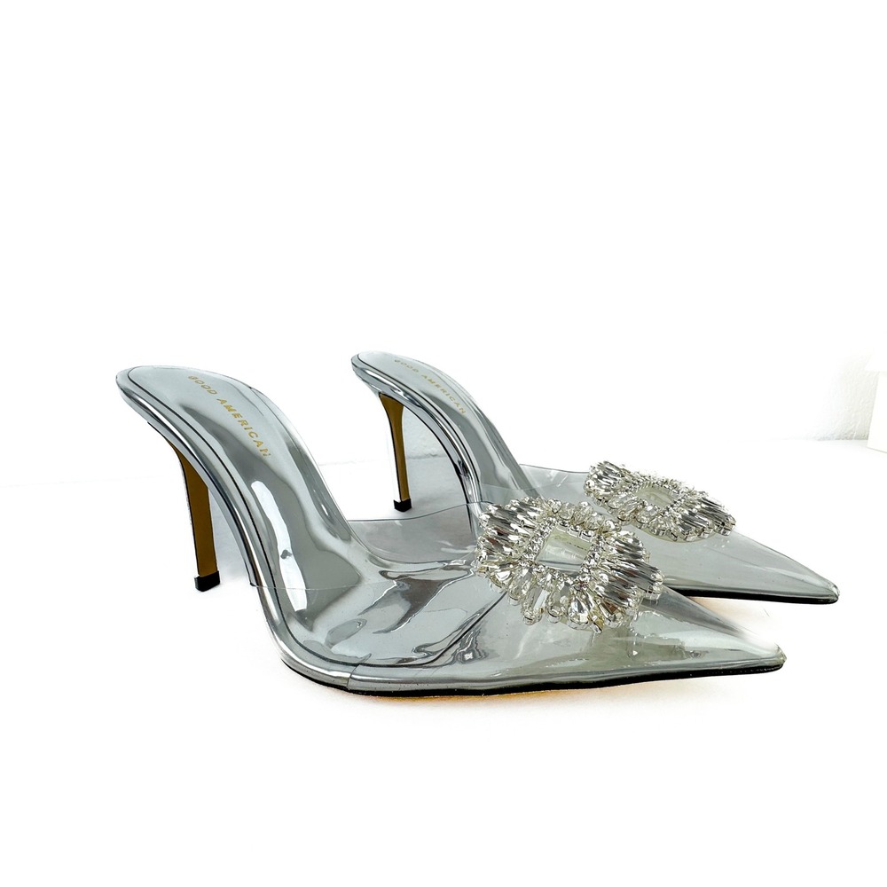 Good American Cinder-01 Silver Clear PVC Crystal Buckle Pointed Toe Mules Heels